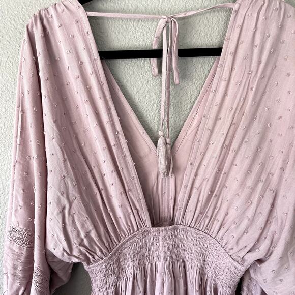 Boho Swiss Dot Crochet Accent Open Tassel Tie Back Womens Balloon Sleeve Dress S - Picture 10 of 14